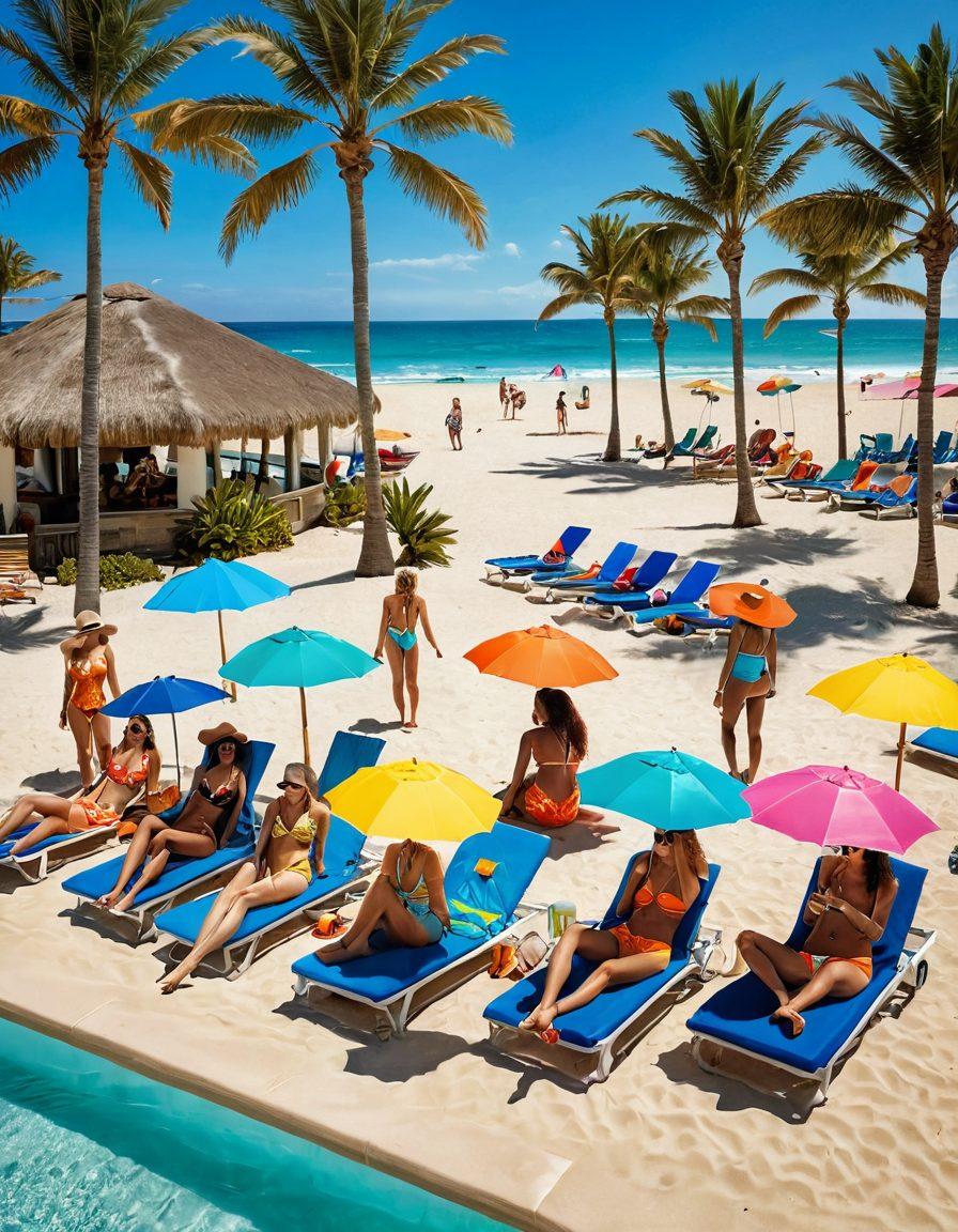 A vibrant beach scene featuring a diverse group of people enjoying different beachwear styles, including colorful swimsuits, trendy cover-ups, and stylish hats. The background showcases a stunning sandy beach with gentle waves and palm trees, while a luxurious pool area with sun loungers offers a contrast. Bright sunlight casts playful shadows, highlighting the cheerful atmosphere. Emphasize the latest beachwear trends in lively colors. super-realistic. vibrant colors. beach setting.