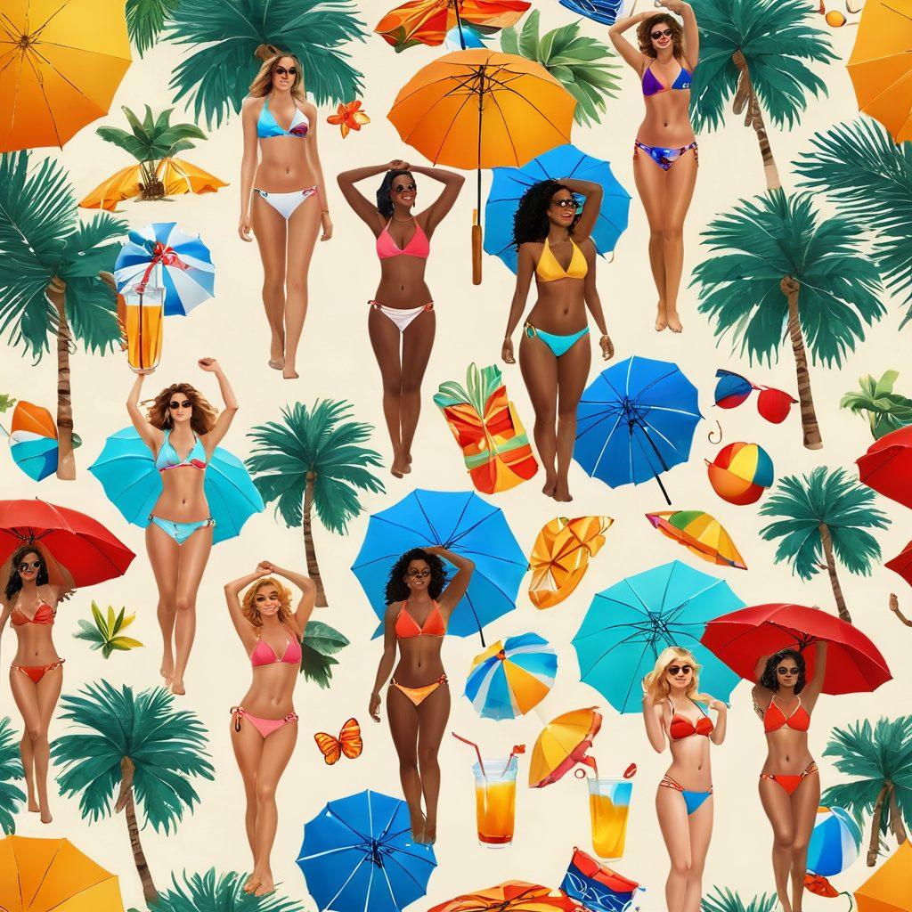 A lively beach scene showcasing diverse models of different body types wearing stylish bikinis and beachwear, with a sunny background featuring palm trees and colorful beach umbrellas. The atmosphere is filled with joyful activities like beach volleyball and sunbathing, capturing the essence of summer vibes. Include elements like a refreshing drink and beach accessories scattered around for added depth. vibrant colors. super-realistic.